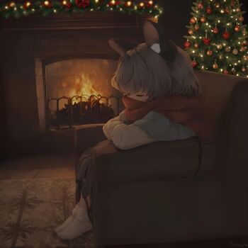 absurdres animal_ears armchair artist_request carpet chair christmas_tree fire fireplace grey_hair highres merry_christmas mouse_ears mouse_tail nazrin non-web_source red_scarf scarf self-upload sitting sleeping source_request tail touhou