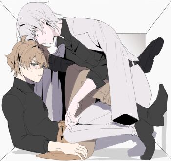 2boys anger_vein bear_do black_shirt black_shoes black_sweater brown_hair brown_pants character_request closed_mouth collared_shirt commentary commission copyright_request english_commentary grey_hair highres jacket jacket_on_shoulders male_focus multiple_boys pants shirt shoes short_hair stuck_in_a_box sweat sweater turtleneck turtleneck_sweater white_jacket white_pants yaoi