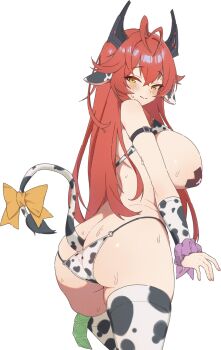 1girl alternate_costume anal_beads anal_tail animal_ears animal_print antenna_hair ass black_horns blush breasts butt_crack butt_plug commentary condom condom_wrapper cow_ears cow_print cow_print_thighhighs cow_tail cross cross_pasties english_commentary fake_animal_ears fake_tail goddess_of_victory:_nikke highres hisi_978 horns huge_breasts long_hair looking_back mechanical_horns pasties print_thighhighs red_hair red_hood_(nikke) solo sweat tail thighhighs white_background yellow_eyes