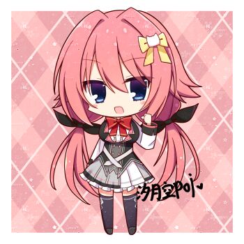 1girl :d black_bow black_thighhighs blue_eyes blush_stickers border bow bowtie breasts cat_hair_ornament center_frills character_name chibi chibi_only chinese_commentary clenched_hand commentary_request frilled_shirt frilled_skirt frills full_body grey_skirt hair_between_eyes hair_bow hair_intakes hair_ornament hamidashi_creative hand_up highres large_breasts long_hair long_sleeves looking_at_viewer low_twintails miniskirt open_mouth outside_border partial_commentary pink_background pink_hair pleated_skirt red_bow red_bowtie school_uniform shirt sidelocks simple_background skirt smile solo standing thighhighs tokiwa_kano twintails two-tone_skirt v-shaped_eyebrows very_long_hair watermark white_border white_shirt white_skirt xi_yue_kong_poi yellow_bow zettai_ryouiki