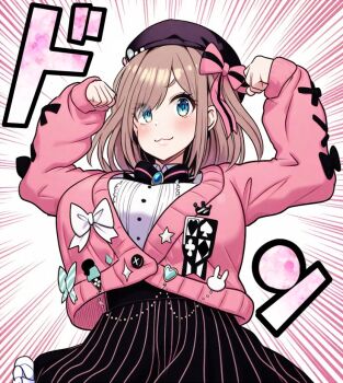 1girl :3 beret black_hat black_shirt blonde_hair blue_eyes blush bow cardigan flexing hair_bow hat looking_at_viewer medium_hair nijisanji pink_bow pink_cardigan shirt smile solo suzuhara_lulu suzuhara_lulu_(1st_costume) two_side_up virtual_youtuber white_shirt yukinojou_yakan