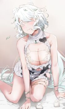 1girl animal animal_on_head arm_support barefoot bird bird_on_head blush breasts cleavage cleavage_cutout closed_eyes closed_mouth clothing_cutout colored_eyelashes commentary facing_viewer goddess_of_victory:_nikke highres hip_vent huge_breasts kneeling kuu_(user_gngs5284) leaf leaf_on_head long_hair messy_hair mole mole_under_mouth navel_cutout on_head print_sweater sleeveless sleeveless_sweater sleeveless_turtleneck smile solo sweater thick_eyelashes tit_(bird) trina_(nikke) turtleneck turtleneck_sweater very_long_hair virgin_killer_sweater white_eyelashes white_hair