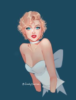 1girl aqua_eyes asymmetrical_bangs back_bow blonde_hair blue_eyeshadow bow choker collarbone cropped_torso curtained_hair dress earrings eyelashes eyeshadow green_background highres jewelry looking_at_viewer makeup marilyn_monroe mole mole_on_chest mole_on_collarbone parted_lips real_life red_lips short_hair simple_background strapless strapless_dress stud_earrings thick_eyebrows thick_lips twitter_username upper_body white_bow white_choker white_dress zeebythesea