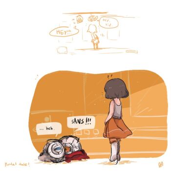 ? androgynous bad_id bad_twitter_id chell chell_(cosplay) cosplay crossover english_text frisk_(undertale) gender_request papyrus_(undertale) portal portal_(series) portal_1 portal_2 robot sans_(undertale) scarf space_core undertale utdr_(toby_fox) wheatley