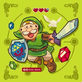 1boy artist_name cosplay crossover dr._simi full_body green_background hat highres link link_(cosplay) lolo_aburto looking_at_viewer male_focus navi nintendo shield solo sword the_legend_of_zelda the_legend_of_zelda:_ocarina_of_time weapon what