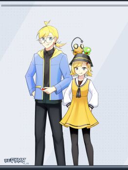 1boy 1girl aged_up ahoge alternate_costume black_pants black_pantyhose blonde_hair blue_jacket bonnie_(pokemon) brother_and_sister bucket_hat clemont_(pokemon) closed_mouth commentary dedenne dress gen_6_pokemon glasses hair_ornament hairclip hat highres jacket jcstr legendary_pokemon long_sleeves looking_at_viewer nintendo on_head open_clothes open_jacket pants pantyhose pokemon pokemon_(anime) pokemon_(creature) pokemon_on_head pokemon_xy_(anime) ponytail round_eyewear shirt siblings smile white_shirt yellow_dress zygarde zygarde_core