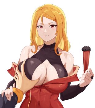 1boy 1girl akihitoevon assertive_female bare_shoulders black_bridal_gauntlets black_jacket black_shirt blonde_hair braid braided_bangs breasts bridal_gauntlets center_opening collarbone colored_inner_hair covered_navel deep_skin dress elbow_gloves folding_fan gloves grabbing_another&#039;s_breast groping guided_breast_grab guiding_hand hand_fan hetero highres holding holding_another&#039;s_wrist holding_fan jacket large_breasts long_hair looking_at_viewer multicolored_hair natsuki_subaru off-shoulder_dress off_shoulder orange_hair pov pov_hands priscilla_barielle re:zero_kara_hajimeru_isekai_seikatsu red_dress red_eyes shirt simple_background smirk solo_focus track_jacket undershirt upper_body white_background