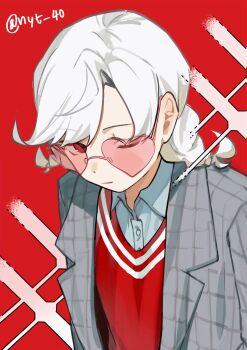 braid closed_mouth ena_(love-bullet) grey_jacket hashtag-only_commentary heart heart-shaped_eyewear highres jacket looking_at_viewer love-bullet low_twin_braids nyt_40 one_eye_closed red-tinted_eyewear red_background red_eyes red_sweater_vest shirt sweater_vest tinted_eyewear twin_braids twitter_username white_hair white_shirt