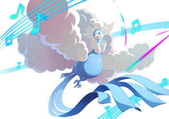 :d absurdres ahoge altaria commentary_request gen_3_pokemon highres mega_altaria mega_pokemon musical_note musical_staff nintendo no_humans open_mouth pokemon pokemon_(creature) pokemon_focus smile solo teo_(telo_ruka) tongue white_background