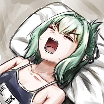 1boy absurdres closed_eyes crossdressing crossdressing_(mtf) gomikerasu green_hair highres lying manatsu_no_yo_no_inmu meme on_back open_mouth otori_tan parody school_swimsuit seitokai_ni_mo_ana_wa_aru! solo swimsuit yajuu_no_houkou_(meme) yajuu_senpai