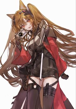 Rule 34 | 1girl, angelina (arknights), animal ear fluff, animal ears, arknights, arknights: endfield, bag, black bag, black gloves, black thighhighs, bracelet, breasts, brown hair, camera, coat, commentary request, cowboy shot, diamond-shaped pupils, diamond (shape), dress, elbow gloves, fox ears, fox girl, gilberta (arknights), gloves, grey dress, high collar, highres, holding, holding camera, impossible clothes, impossible dress, infection monitor (arknights), jewelry, leaning to the side, long hair, long sleeves, looking at viewer, medium breasts, messenger bag, off shoulder, okome (okome9219), open clothes, open coat, red coat, red eyes, short dress, shoulder bag, simple background, solo, stuffed animal, stuffed toy, symbol-shaped pupils, teddy bear, teeth, thighhighs, twintails, upper teeth only, white background, wide sleeves, zettai ryouiki