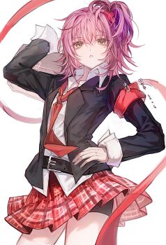 Rule 34 | ahe63011, armband, artist name, belt, belt buckle, black jacket, black shorts, blazer, buckle, collared shirt, commentary request, contrapposto, cowboy shot, dated, hair ornament, hand on own hip, highres, hinamori amu, jacket, looking at viewer, miniskirt, necktie, one side up, parted lips, pink hair, plaid clothes, plaid skirt, pleated skirt, red armband, red necktie, red ribbon, red skirt, ribbon, school uniform, seiyo academy school uniform, shirt, shorts, shorts under skirt, shugo chara!, skirt, white shirt, wing collar, x hair ornament, yellow eyes