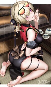 1girl :p absurdres barefoot blonde_hair blush china_dress chinese_clothes cup dress eyewear_on_head feet highres looking_at_viewer medium_hair purple_eyes soles sweety_(zenless_zone_zero) teacup teapot tinted_eyewear toes tongue tongue_out ushiko_xiansheng zenless_zone_zero