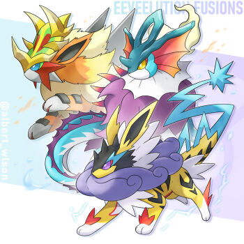 albrt-wlson animal_focus blue_sclera colored_sclera commentary electricity embers english_commentary english_text flareon fusion gen_1_pokemon gouging_fire highres instagram_username jolteon making-of_available nintendo no_humans pokemon pokemon_(creature) pokemon_focus purple_sclera raging_bolt vaporeon walking_wake water white_eyes yellow_sclera