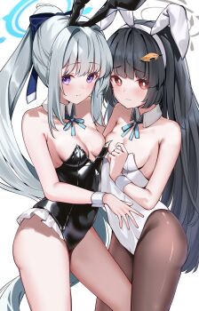 2girls animal_ear_hairband animal_ears aqua_ribbon black_hair black_leotard black_pantyhose blue_archive blue_halo bow bowtie breasts calin detached_collar fake_animal_ears frilled_leotard frills grey_hair grey_halo hairband halo highres leaf leaf_on_head leotard long_hair looking_at_viewer medium_breasts miyako_(blue_archive) miyu_(blue_archive) multiple_girls nrkib pantyhose playboy_bunny ponytail purple_eyes rabbit_ears rabbit_tail red_eyes ribbon strapless strapless_leotard tail white_leotard wrist_cuffs