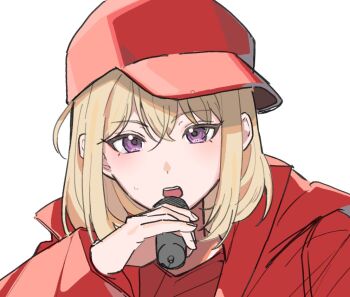 Rule 34 | 1girl, bang dream!, bang dream! it's mygo!!!!!, blonde hair, commentary request, hair between eyes, hat, jacket, medium hair, misumi uika, nanami (nunnun 0410), open mouth, purple eyes, red hat, red jacket, red shirt, shirt, simple background, solo, teeth, upper teeth only, white background