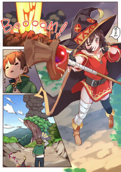 1boy 1girl asymmetrical_legwear bandaged_leg bandages belt black_belt black_cape black_gloves black_thighhighs blue_sky blush breasts brown_footwear buttons cape chestnut_mouth cliff cloud collarbone comic commentary_request dress explosion eyelashes falling fingerless_gloves from_above full_body gloves grass green_cape hat highres holding holding_staff kono_subarashii_sekai_ni_shukufuku_wo! long_sleeves looking_up megumin mismatched_legwear notice_lines one_eye_closed open_mouth outdoors path re:ankh red_dress red_eyes road satou_kazuma short_dress short_hair short_hair_with_long_locks sky small_breasts sound_effects speech_bubble spiked_hair staff standing thighhighs v-shaped_eyebrows wide_sleeves witch_hat zettai_ryouiki