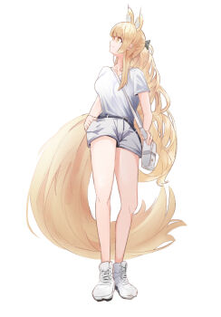 1girl absurdres alternate_costume andersonalac animal_ears arknights bag bare_legs belt black_belt black_ribbon blemishine_(arknights) blonde_hair breasts casual chinese_commentary closed_mouth full_body hair_ribbon hand_in_pocket handbag highres horse_ears horse_girl horse_tail long_hair looking_up medium_breasts ponytail ribbon shirt shirt_tucked_in shoes short_shorts short_sleeves shorts simple_background smile sneakers solo tail wavy_hair white_background white_shirt white_shoes white_shorts yellow_eyes