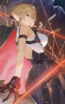 1girl absurdres ass backless_shirt black_gloves black_jacket black_pants blonde_hair breasts commentary cowboy_shot earrings evelyn_chevalier from_behind from_below gloves highres holding holding_knife jacket jewelry knife looking_back mole mole_under_eye necktie pants parted_lips partially_fingerless_gloves purple_eyes shirt solo white_shirt yakihoko yellow_necktie zenless_zone_zero