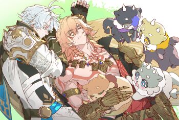 Rule 34 | 2boys, animalization, antenna hair, arm tattoo, armlet, armor, black choker, black coat, black shirt, blonde hair, blue cape, braid, cape, chest tattoo, chimera, choker, clawed gauntlets, closed eyes, coat, commentary, creature, earrings, facial tattoo, flame reaver of the deepest dark, glazed108642, gold earrings, gold necklace, gradient hair, highres, holding, holding creature, honkai: star rail, honkai (series), jewelry, lying, male focus, medium hair, multicolored hair, multiple boys, mydei (fig stew) (honkai: star rail), mydei (honkai: star rail), neck tattoo, necklace, on back, on side, open clothes, open coat, parted bangs, pauldrons, phainon (honkai: star rail), phainon (khaslana) (honkai: star rail), phainon (vigethos) (honkai: star rail), red hair, red tattoo, shirt, short hair, shoulder armor, side braid, single pauldron, sleeping, sun symbol, sun tattoo, tan, tattoo, two-sided cape, two-sided fabric, untranslatable commentary, white coat, white hair, yellow cape