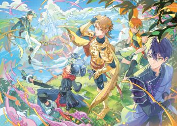 5boys animal animal_on_shoulder ankle_boots arm_strap arm_support arm_up armor armored_boots belt belt_pouch ben-day_dots bikkusama bird black_belt black_leggings blonde_hair blue_capelet blue_sky boots bracelet breastplate brown_belt cape capelet closed_mouth cloud coat collared_capelet colored_shoe_soles colored_smoke crossed_bangs fantasy figure_four_sitting fingerless_gloves flying fork fur-trimmed_boots fur_trim fushimi_gaku gauntlets gloves gold_armor gold_trim gradient_hair grass green_eyes green_hair green_hat green_shirt green_shoes grey_boots grey_gloves grey_hair grey_pants hair_between_eyes hair_ornament hand_on_own_head hand_on_own_hip hat high_heel_boots high_heels highres horns japanese_armor jewelry kenmochi_touya kirin-chan_(usami_rito) ladle leggings leggings_under_shorts lightning_bolt lightning_bolt_hair_ornament lightning_bolt_symbol long_bangs long_sleeves looking_at_another looking_at_viewer looking_back looking_to_the_side low_ponytail male_focus mashiro_meme mole mole_under_eye multicolored_hair multiple_belts multiple_boys nijisanji official_alternate_costume official_art orange_eyes orange_hair ornate_armor outdoors palace pants pauldrons plant plate_armor ponytail pouch purple_hair red_belt red_scarf scarf screentones second-party_source shirt shoes short_hair shorts shoulder_armor sitting skull_on_head sky smile smoke sode spatula spoon standing torn_clothes torn_coat usami_rito variant_set very_short_hair vest virtual_youtuber white_bird white_coat white_pants white_shoes white_shorts wide_brim wide_sleeves yashiro_kizuku yellow_cape yellow_eyes yellow_vest