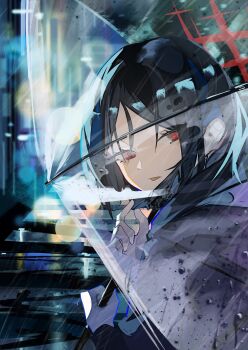 1girl absurdres black_hair black_hoodie black_mask blue_archive blurry bokeh chinese_commentary commentary depth_of_field halo highres holding holding_umbrella hood hoodie looking_to_the_side mask mask_pull misaki_(blue_archive) mouth_mask outdoors parted_lips rain red_eyes red_halo short_hair shuxiuxiao solo surgical_mask transparent transparent_umbrella umbrella water_drop