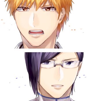 1046sstep_btoh 2boys black_eyes black_hair bleach bleach:_sennen_kessen-hen brown_eyes commentary_request glasses highres ishida_uryuu kurosaki_ichigo male_focus multiple_boys orange_hair teeth wandenreich_uniform