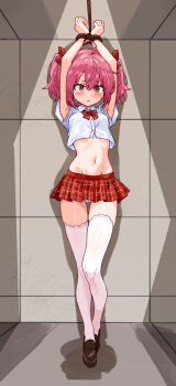 1girl ahoge armpits arms_up bakasp-lilzy bdsm blush bondage bound bound_wrists bow brown_eyes brown_shoes character_request closed_mouth collared_shirt commentary commission copyright_request crop_top cropped_shirt double-parted_bangs english_commentary frown full_body groin hair_bow highres indoors large_variant_set loafers medium_hair microskirt navel panties pink_hair pixiv_commission plaid_clothes plaid_skirt pleated_skirt red_bow red_skirt revealing_clothes rope school_uniform shirt shoes short_sleeves skirt solo standing stomach thighhighs twintails underwear v-shaped_eyebrows variant_set white_panties white_shirt white_thighhighs wing_collar zettai_ryouiki