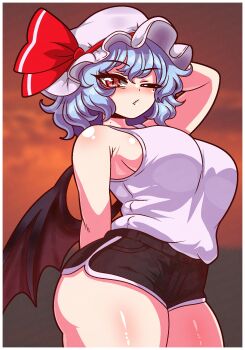 1girl bat_wings black_shorts blue_hair breasts fang hat highres medium_breasts mob_cap mole mole_under_eye one_eye_closed red_eyes remilia_scarlet seireiart short_hair shorts sideboob slit_pupils solo sportswear tank_top thick_thighs thighs touhou wings