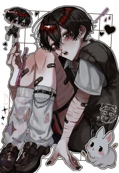 1boy @_@ aegyo_sal bandaid bandaid_on_arm bandaid_on_leg black_eyes black_hair black_nails black_vest blood chibi chibi_inset commentary_request crossed_bangs double-parted_bangs eyebrow_razor fang full_body hair_between_eyes head_tilt highres hosikage4040 knees_up leg_belt legs_together looking_at_viewer male_focus nosebleed open_mouth original rabbit razor scar scar_on_arm self-harm shirt short_hair socks solo t-shirt vest white_shirt white_socks wrist_cutting