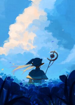 1girl absurdres backlighting blue_flower blue_sky blue_theme capelet cloud cloudy_sky commentary cumulonimbus_cloud earrings elf english_commentary facing_away floating_earrings flower frieren from_behind hanromi highres holding holding_staff jewelry mage_staff outdoors pointy_ears sky solo sousou_no_frieren staff twintails white_capelet white_hair