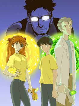 1girl 3boys amondetauro belt cosplay evil_morty evil_morty_(cosplay) eyepatch father_and_son fuyutsuki_kouzou glasses highres ikari_gendou ikari_shinji morty_smith morty_smith_(cosplay) multiple_boys neon_genesis_evangelion old old_man orange_hair portal_gun_(rick_and_morty) rebuild_of_evangelion rick_and_morty rick_sanchez rick_sanchez_(cosplay) smile souryuu_asuka_langley
