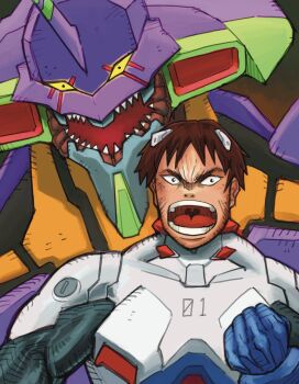 1990s_(style) 1boy armor brown_hair clenched_hand eva_01 evangelion_(mecha) hand_up highres ikari_shinji interface_headset_(evangelion) ishikawa_ken_(style) male_focus mecha mecha_focus mecha_pilot_suit muscular muscular_male neon_genesis_evangelion open_mouth parody plugsuit_(evangelion) purple_armor retro_artstyle robot sharp_teeth short_hair style_parody teeth v-shaped_eyebrows yamanushi yellow_eyes