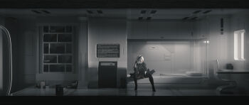 1girl 2b_(nier:automata) 3d absurdres bedroom black_boots black_dress black_hairband blender_(medium) book book_stack bookshelf boots chair commentary desk dress english_commentary feather-trimmed_sleeves full_body hairband highres juliet_sleeves katana leotard leotard_under_clothes limited_palette long_sleeves magisterium_art nier:automata nier_(series) no_blindfold on_bed puffy_sleeves short_hair sitting solo spacecraft_interior sword terminal thigh_boots virtuous_contract weapon white_hair white_leotard