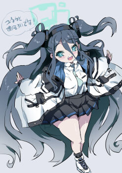 1girl aris_(blue_archive) black_hair black_hairband black_skirt blue_archive blue_eyes blush collared_shirt commentary_request grey_background hair_between_eyes hair_ornament hairband halo highres jacket long_bangs long_hair long_hair_between_eyes long_sleeves muu_rian necktie open_clothes open_jacket pleated_skirt school_uniform shirt simple_background skirt smile solo twintails white_shirt