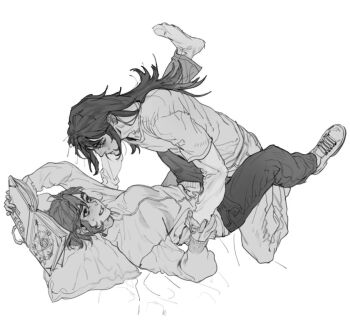 1boy 1girl abaddon_(haunted_hotel) aged_up bed_sheet book commentary_request esther_freeling greyscale haunted_hotel hetero holding holding_book jacket korean_commentary long_hair looking_at_another lying monochrome on_back pillow pinned rickorty_08 short_hair simple_background white_background