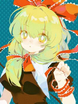 Rule 34 | 1girl, bow, frilled ribbon, frills, front ponytail, green eyes, green hair, hair ribbon, highres, holding, holding ribbon, kagiyama hina, looking at viewer, puffy short sleeves, puffy sleeves, red bow, red ribbon, ribbon, seiryo0425, short sleeves, solo, touhou, upper body, wrist ribbon