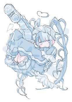 1girl apu_(aputto_9) blue_eyes blue_hair blue_jacket floating frilled_headwear full_body hair_between_eyes highres jacket leg_up leg_warmers long_hair long_sleeves open_mouth original shorts simple_background sleeves_past_fingers sleeves_past_wrists solo tenshi_kaiwai twintails very_long_hair white_background white_headdress white_leg_warmers white_shorts