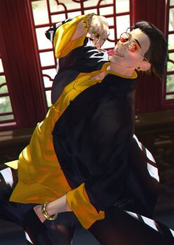 1boy absurdres aged_up alternate_costume alternate_hairstyle bracelet braid candy commentary_request earrings facial_hair food goatee hand_in_pocket highres jewelry licking lollipop looking_at_viewer male_focus multiple_rings mustache nicacu ring round_eyewear ryuu_ga_gotoku_(series) ryuu_ga_gotoku_7 short_hair single_braid solo stubble sunglasses undercut zhao_tianyou