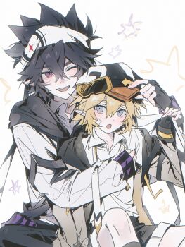 Rule 34 | 2boys, adjusting clothes, adjusting headwear, alternate costume, animal ears, aotu world, bandaid, bandaid on face, bandana, baseball cap, bishounen, black gloves, black hair, black hat, black pants, black shorts, blonde hair, blue eyes, blush, collared shirt, drawstring, fang, fangs, fingerless gloves, gloves, goggles, goggles on head, grey jacket, grey shirt, hair between eyes, hat, headband, highres, holding, hood, hood down, hooded jacket, hug, hug from behind, jacket, king (aotu world), long sleeves, looking at viewer, male focus, multicolored hat, multiple boys, one eye closed, open clothes, open jacket, open mouth, pale skin, pants, pointy ears, purple eyes, ray (aotu world), shirt, short hair, shorts, simple background, sitting, smile, socks, star (symbol), white background, white headband, white jacket, white shirt, woshiningmengjing913, yaoi