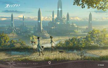 3girls absurdres black_cat blonde_hair blue_sky boots bouquet bridge building bush cat city cityscape cloud flower grass guest_art gyoukan_(jfxc) hat high_heel_boots high_heels highres holding holding_bouquet long_hair medium_hair multiple_girls outdoors path purple_hair river road scenery skirt sky stella_sora thighhighs walking wide_shot