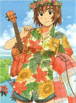 Rule 34 | 2girls, adjusting strap, ayase fuuka, azuma kiyohiko, bag, beach, blue shirt, blue shorts, bob cut, brown eyes, brown hair, cloud, collarbone, cowboy shot, floral print, flower, green hair, hair between eyes, hand on own shoulder, hawaiian shirt, head out of frame, head wreath, holding, holding bag, holding instrument, holding swim ring, innertube, instrument, koiwai yotsuba, leaf print, light blush, looking at viewer, multiple girls, ocean, official art, quad tails, scan, shirt, short hair, short shorts, short sleeves, shorts, smile, solo focus, swim ring, thick eyebrows, thigh gap, tote bag, ukulele, yellow shirt, yotsubato!
