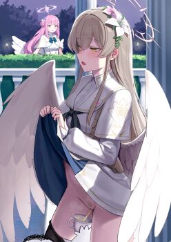 1boy 2girls ? absurdres black_neckerchief blue_archive blue_bow blush bow breasts brown_hair clothes_lift commentary_request cup doodle_sensei_(blue_archive) dress dress_lift feathered_wings female_pubic_hair flower hair_bun hair_flower hair_ornament halo highres holding holding_cup kuro_(zhurunbo1997) lamppost lifting_own_clothes long_hair long_sleeves mika_(blue_archive) multiple_girls nagisa_(blue_archive) neckerchief night open_mouth outdoors pee peeing peeing_in_cup pink_flower pink_hair pubic_hair public_indecency sensei_(blue_archive) single_side_bun sweat white_flower white_wings wings yellow_eyes