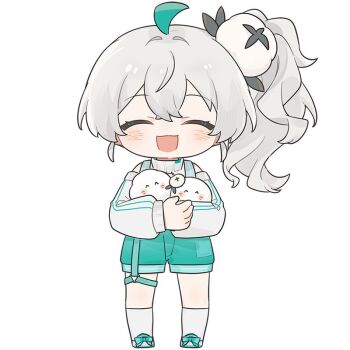 Rule 34 | 1girl, :d, ^ ^, ahoge, animal, blush, chibi, closed eyes, commentary request, doll, full body, green hair, green shorts, grey hair, hair ornament, holding, holding animal, jacket, long sleeves, official alternate costume, open mouth, puffy long sleeves, puffy sleeves, quanmian shidai, shirt, shoes, shorts, side ponytail, simple background, smile, socks, solo, standing, thigh strap, virtual youtuber, wen xiaomian, wenxiaomian family, white background, white hair, white jacket, white shirt, white socks