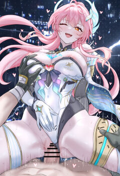 1boy 1girl absurdres aemeath_(wuthering_waves) bar_censor black_gloves blush breasts censored clothed_sex clothing_aside commentary cowgirl_position daram_(shappydude) elbow_gloves game_screenshot_background girl_on_top gloves grabbing_another's_breast groping hair_ornament hand_on_own_stomach heart hetero highres large_breasts large_variant_set leotard leotard_aside long_hair looking_at_viewer male_rover_(wuthering_waves) nipples one_eye_closed open_mouth orange_eyes penis pink_hair pov pussy rover_(wuthering_waves) screenshot_background sex smile star-shaped_pupils star_(symbol) straddling symbol-shaped_pupils thighs vaginal variant_set white_gloves white_leotard wuthering_waves