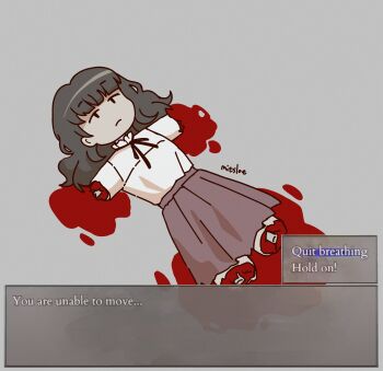 1girl absurdres amputee artist_name black_ribbon blood brown_hair closed_mouth commentary dialogue_box english_text expressionless fear_&amp;_hunger_(series) fear_&amp;_hunger_2:_termina frilled_shirt_collar frills full_body gameplay_mechanics grey_background guro highres long_hair lying marina_(fear_&amp;_hunger) neck_ribbon on_back pink_skirt pool_of_blood quadruple_amputee ribbon sakimitsloe shirt shirt_tucked_in simple_background skirt solo user_interface white_shirt