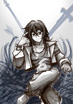 Rule 34 | 1boy, absurdres, alternate costume, arrow (projectile), black hair, commentary, crossed legs, elbow rest, english commentary, feet out of frame, finger to face, hair over shoulder, highres, jacket, jewelry, long hair, looking at viewer, male focus, necklace, pile of skulls, planted, planted sword, planted weapon, ribs, shadow slave, shirt, sitting on throne, snake print, solo, sunny (shadow slave), sword, t-shirt, weapon, xiezmy2