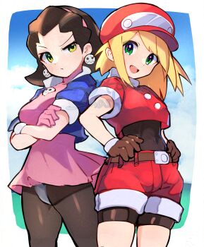 2girls adversarial_noise artist_name black_bodysuit blonde_hair blue_jacket bodysuit bodysuit_under_clothes brown_gloves brown_hair commentary_request covered_navel cowboy_shot cropped_jacket crotch_plate dress earrings gloves green_eyes hands_on_own_hips hat highres jacket jewelry kokokashira_(koko_ni_iru) looking_at_viewer medium_hair mega_man_(series) mega_man_legends_(series) multiple_girls newsboy_cap open_clothes open_jacket open_mouth pantyhose pink_dress red_hat red_jacket red_shorts roll_caskett_(mega_man) short_dress shorts skull_brooch skull_earrings sleeves_rolled_up smile tron_bonne_(mega_man)