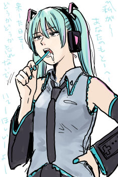 1girl absurdres aqua_hair aqua_nails black_eyes black_hair black_skirt brushing_teeth detached_sleeves hand_on_own_hip hatimoto hatsune_miku headphones highres pleated_skirt shirt skirt sleeveless sleeveless_shirt solo toothbrush translation_request twintails upper_body vocaloid