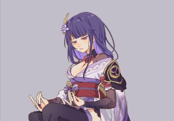 Rule 34 | 1girl, blunt bangs, braid, breasts, bridal gauntlets, cleavage, clothing cutout, floating, genshin impact, gradient hair, grey background, hair ornament, half lotus position, highres, japanese clothes, kimono, large breasts, looking down, looking to the side, meditation, mingmingzhu, mole, mole under eye, multicolored hair, neck ribbon, off shoulder, purple eyes, purple hair, purple kimono, purple thighhighs, raiden shogun, red ribbon, red sash, ribbon, sash, shoulder cutout, simple background, solo, thighhighs, upper body